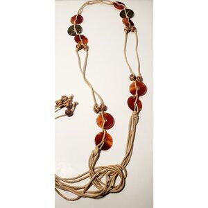 Bohemian Beads With Long Rope Necklace Unique Beige With Rust Eclectic Versatile